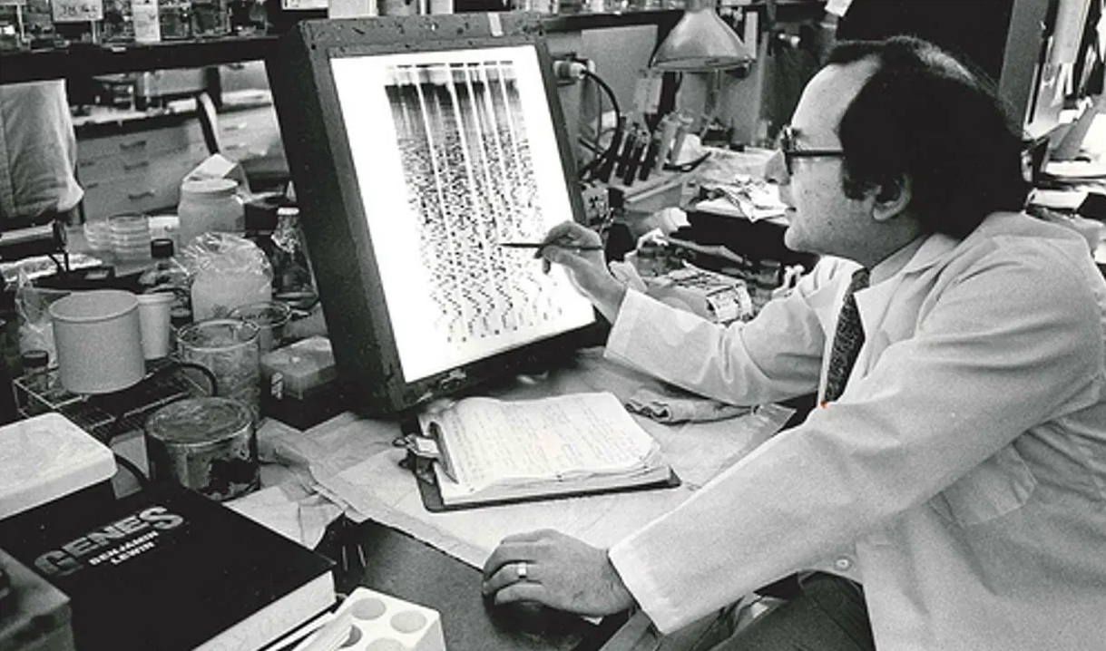 Stuart Orkin, MD, at the bench in the mid-1980s, tracing the genetic roots of human blood disease.