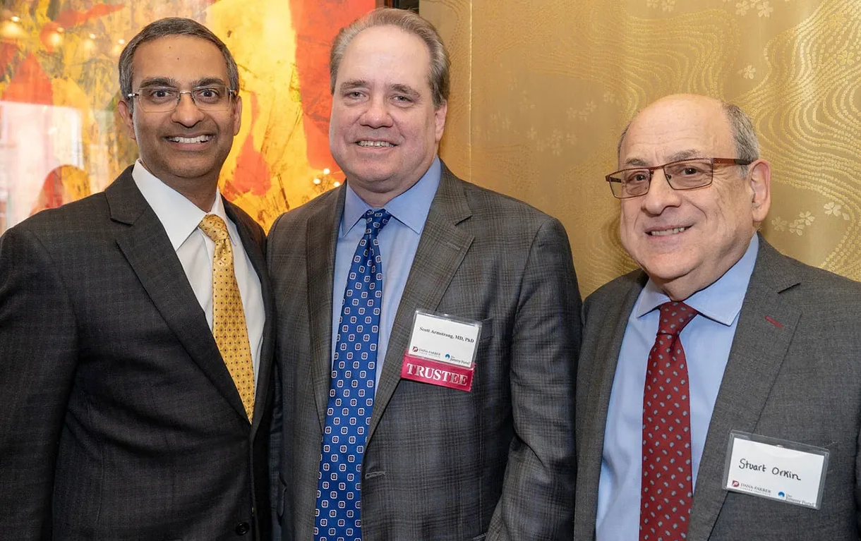 Left to right: Ramesh Shivdasani, MD, PhD, Scott Armstrong, MD, PhD, and Stuart Orkin, MD, at a Dana-Farber Society event.