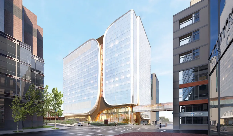 Exterior rendering of future cancer hospital, view from Brookline Ave.